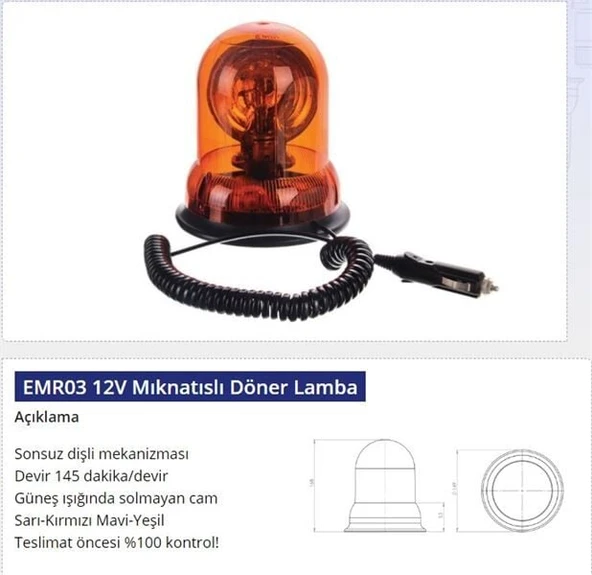 EMİR 12V MIKNATISLI DÖNER LAMBA SARI ürün görseli 1