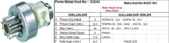 FORM METAL MARŞ DİŞLİSİ 9 DİŞ 6 KANAL MAKO TİPİ TOFAS DOGAN KARTAL SLX FIAT TEMPRA UNO TIPO PANDA FREZE İÇTE  DS=9 DKÇ=25,5 BOY=64 KS=6 BDÇ=11,6 GÇ=44,5 ürün görseli 1