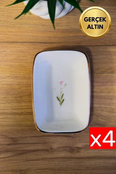 Tabak Evi Porselen Natura Çuha Altın Yaldızlı Dikdörtgen Kayık Tabak 14X9,8cm 4 lü ürün görseli 1
