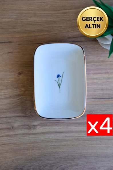 Tabak Evi Porselen Natura İris Altın Yaldızlı Dikdörtgen Kayık Tabak 14X9,8cm 4 lü ürün görseli 1
