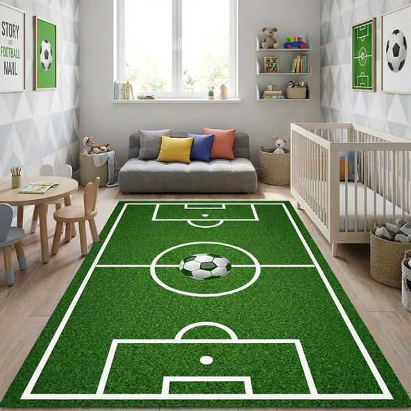 Futbol Sahası Desenli Çocuk Odası Halısı – Kaymaz Tabanlı Yıkanabilir Dijital Baskı Halı Dijital ürün görseli 1