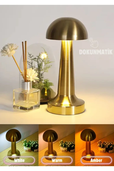 Cata Mantar Model Led 3 Işık Renkli Şarjlı Metal Masa Lambası GOLD ürün görseli 1
