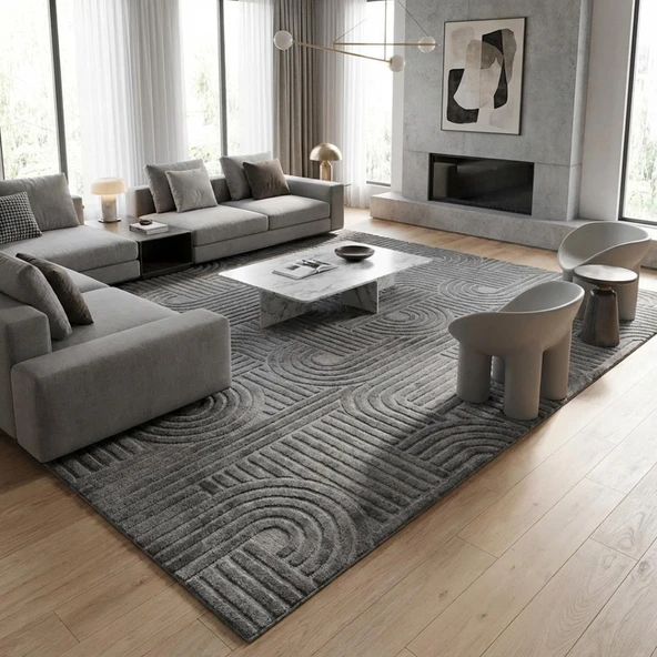 Koyu Gri Modern Geometrik Desenli Dijital Baskılı Kaymaz Tabanlı Yıkanabilir Antibakteriyel Halı ürün görseli 1