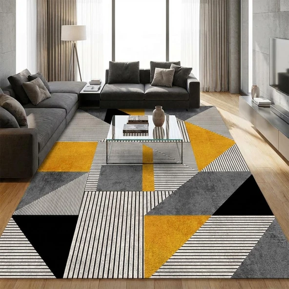 Hardal Gri Geometrik Üçgen Desenli Modern Dijital Baskılı Kaymaz Tabanlı Yıkanabilir Halı Dijital ürün görseli 1