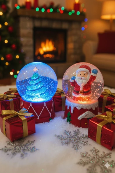 2 Adet Led Işıklı 6,5 cm Yılbaşı Çam Ağacı & Noel Baba Kar Küresi Seti Yeni Yılın En Güzel Hediyesi ürün görseli 1