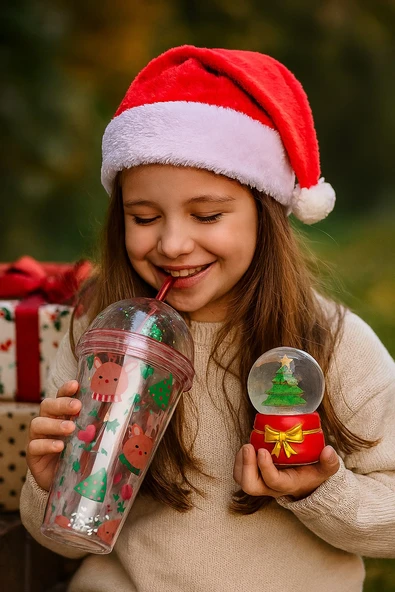 Trend YeniYıl Yılbaşı 2'li Hediye Seti Noel Geyikli Pipetli Suluk Çam Ağacı Temalı Işıklı Kar Küresi ürün görseli 1