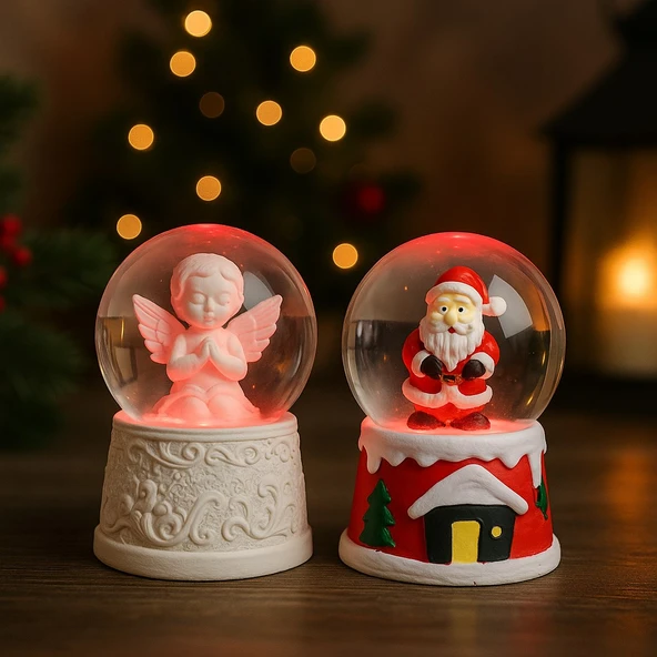 Ev Dekoru Yeni Yıl Huzuru Işıklı Santa Melek Figürlü ve Noel Baba Temalı Kar Küresi 2'li Seti 6.5 Cm ürün görseli 1