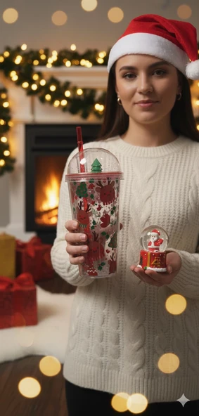 Yeni Yıl 2'li Hediye Seti Noel Geyikli Pipetli Suluk 450 ML ve Noel Baba Işıklı Kar Küresi 6.5 CM ürün görseli 1