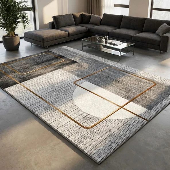 Gri Altın Çizgili Geometrik Desenli Dijital Baskılı Kaymaz Tabanlı Yıkanabilir Modern Halı Dijital ürün görseli 1