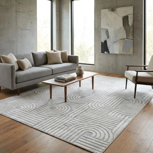 Açık Gri Modern Geometrik Desenli Dijital Baskılı Kaymaz Tabanlı Yıkanabilir Antibakteriyel Halı ürün görseli 1