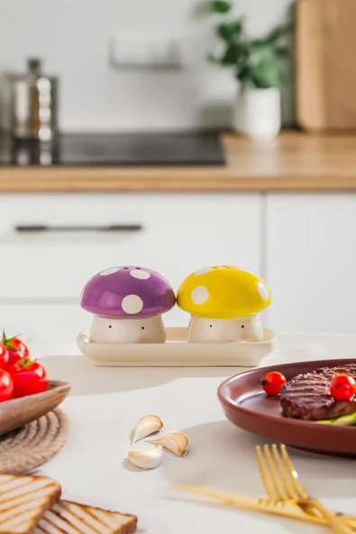 Porsima Mıo-037 Mantar Motifli 2li Standlı Tuzluk Biberlik Seti ürün görseli 1