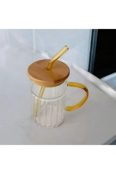 Tohana Bambu Kapaklı Cam Pipetli Kupa 420 ml ürün görseli 1