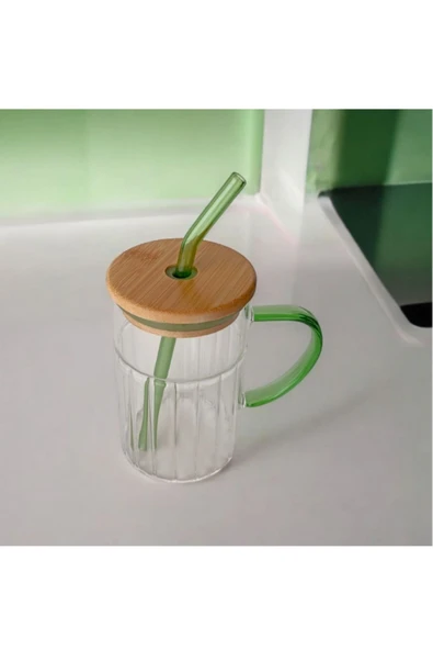 Tohana Bambu Kapaklı Cam Pipetli Kupa 420 ml ürün görseli 1