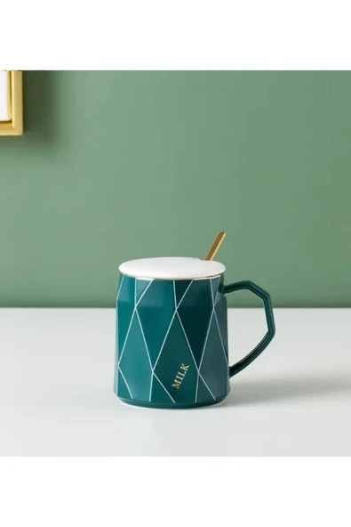 Dörtel Tedarik Geometrik Desenli Gold Kaşıklı Kapaklı Modern Seramik Kupa ürün görseli 1
