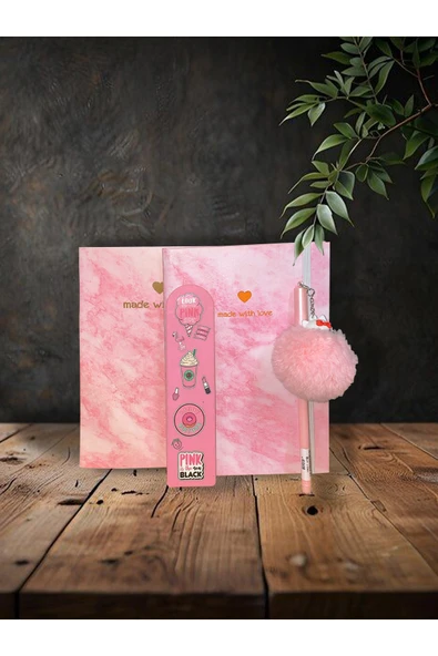 Dörtel Tedarik Mermer Desenli Sert Kapaklı Defter,Not Defteri,Pembe Hello Kity Ponponlu Tükenmez Kalem,Pembe Ayraç ürün görseli 1