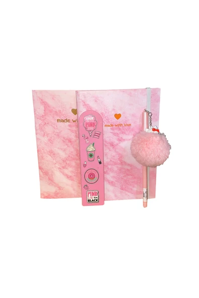 Dörtel Tedarik Mermer Desenli Sert Kapaklı Defter,Not Defteri,Pembe Hello Kity Ponponlu Tükenmez Kalem,Pembe Ayraç - Resim 2