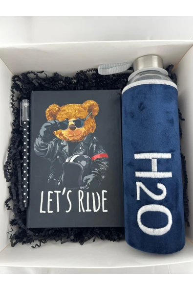 Dörtel Tedarik H2O Kadife Kılıflı Matara Lacivert 600 ML, Tükenmez Kalem, Let's Ride Temalı Defter Hediye Kutusu ürün görseli 1