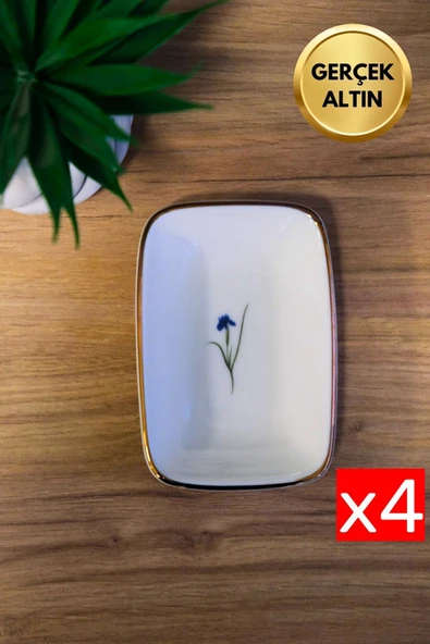 Tabak Evi Porselen Natura İris Altın Yaldızlı Dikdörtgen Kayık Tabak 12x8,50cm 4 lü ürün görseli 1