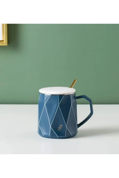 Dörtel Tedarik Geometrik Desenli Gold Kaşıklı Kapaklı Modern Seramik Kupa ürün görseli 1
