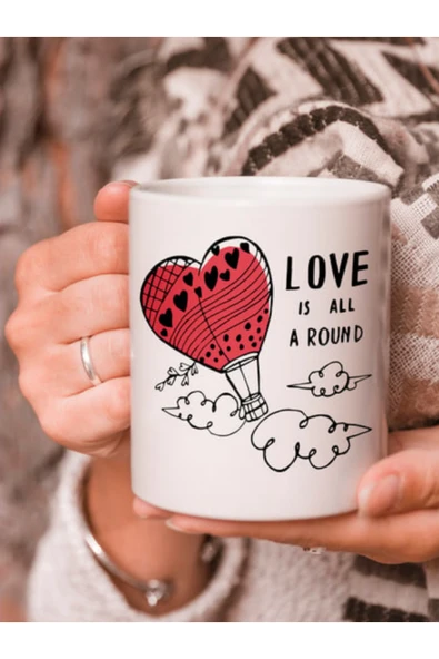 Dörtel Tedarik Uçan Balon Vektörel Çizimli Love Is All A Round Yazılı Logo Baskılı Kupa Bardak ürün görseli 1