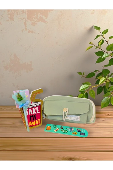 Dörtel Tedarik Düğmeli Yeşil Kalem Kutu, Travel Kitap Ayracı, Kuru Çiçek Tükenmez Kalem, Take My Away Bloknot ürün görseli 1