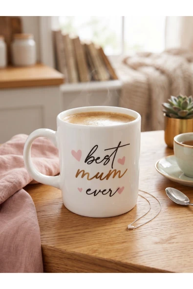 “Best mum Ever” Mottolu Yaldız Baskılı Porselen Kupa ürün görseli 1