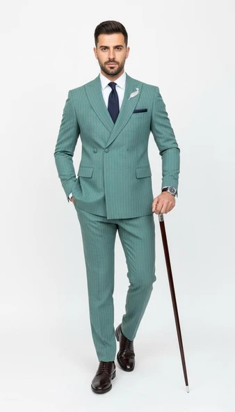 Erkek Slim Fit Çizgili Takım Elbise – 2 Top Düğmeli, Çift Yırtmaçlı Modern Kesim ürün görseli 1