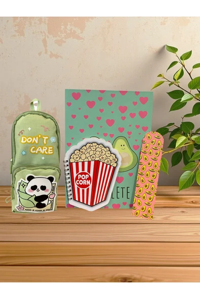 Dörtel Tedarik Panda Temalı Yeşil Kalem Kutu,Avokado Temalı Sert Kapaklı Ajanda,Kitap Ayracı,Patlamış Mısır Bloknot ürün görseli 1