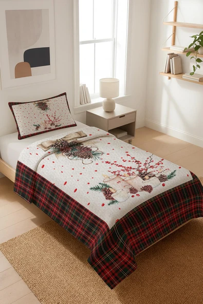 Yılbaşı Temalı Kadife Kumaş Kapitoneli Tek Kişilik Yatak Örtüsü Seti (2 Parça) TKY0045 RENKLİ 180 X 240 ürün görseli 1