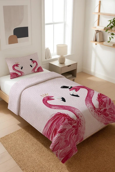 Flamingo Desenli Kadife Kumaş Kapitoneli Tek Kişilik Yatak Örtüsü Seti (2 Parça) TKY0040 RENKLİ 180 X 240 ürün görseli 1