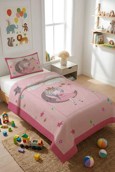 Aydaki Kız Temalı Kadife Kumaş Çocuk Yatak Örtüsü Seti (2 Parça) TKY0031 RENKLİ 180 X 240 ürün görseli 1