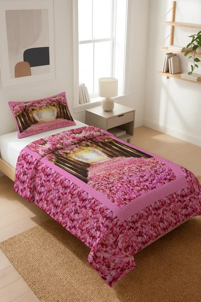 Pembe Ağaç Desenli Kadife Kumaş Kapitoneli Tek Kişilik Yatak Örtüsü Seti (2 Parça) TKY0048 RENKLİ 180 X 240 ürün görseli 1