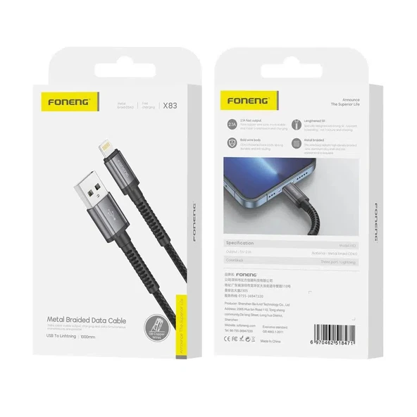 Foneng X83 USB-A to Lightning Örgü 1m Data ve Şarj Kablosu - Resim 3