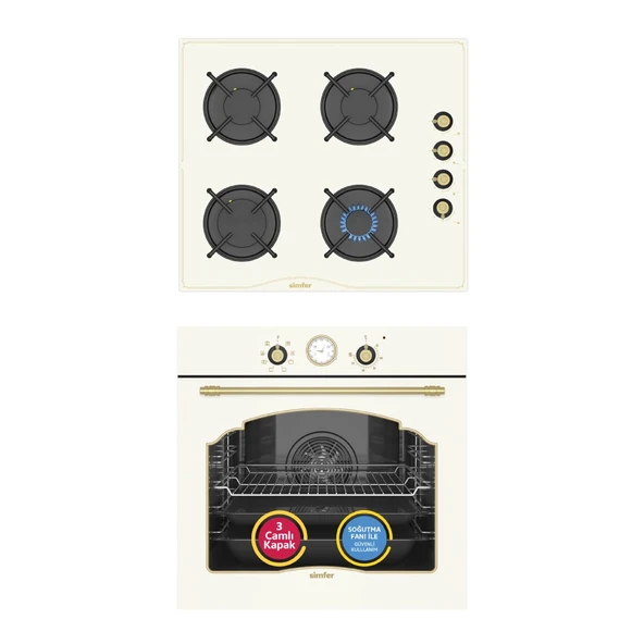 Simfer 9 Fonksiyon Retro Bej 2'li Ankastre Set (Fırın + Ocak) ürün görseli 1