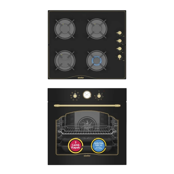 Simfer 8 Fonksiyon Retro Siyah Multi Turbo 2'li Ankastre Set (Fırın + Ocak) ürün görseli 1