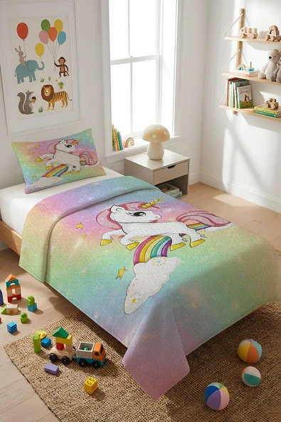 Unicorn Desenli Kadife Kumaş Çocuk Yatak Örtüsü Seti (2 Parça) TKY0022  RENKLİ 180 X 240 ürün görseli 1