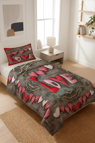 Love Yazılı Kadife Kumaş Kapitoneli Tek Kişilik Yatak Örtüsü Seti (2 Parça) TKY0043 RENKLİ 180 X 240 ürün görseli 1
