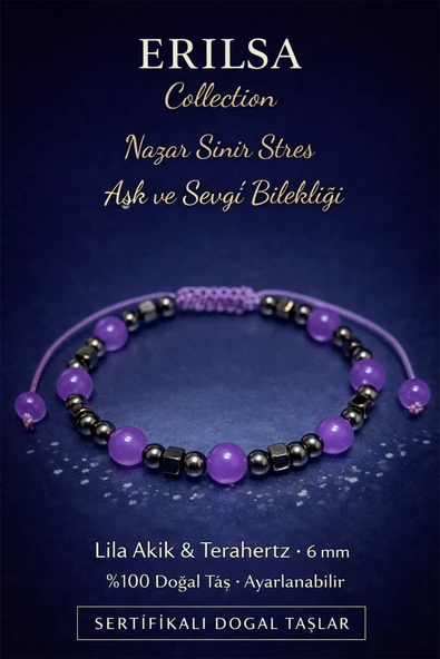 Sertifikalı Sinir Stres Aşk Sevgi ve Nazar Koruyucu Bileklik – Lila Akik Taşı Terahertz Doğal Taş ürün görseli 1