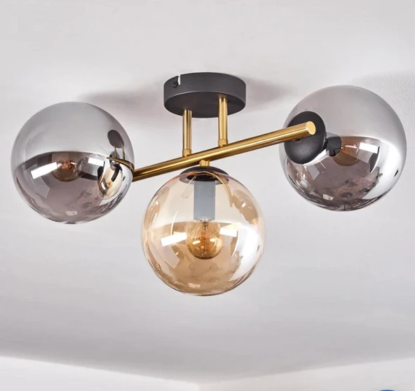Rsylight Retro Metal Füme  Bal Opal Glop Camlı 3 Lü Tavan Plofyoner Avize ürün görseli 1