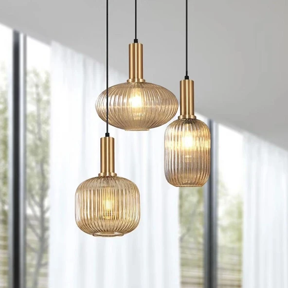 Rsylight Retro Metal Eskitme kaplama Bal Opal Camlı 3 Lü Dekoratif Sarkıt Avize ürün görseli 1