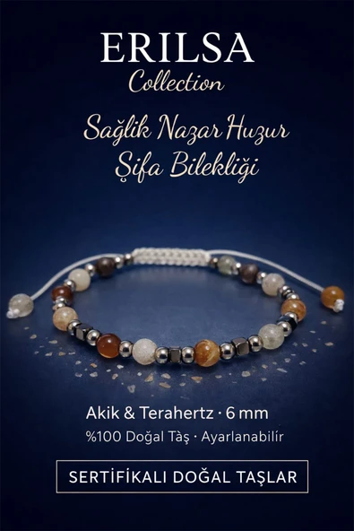 Sertifikalı Sağlık Nazar Huzur Şifa Bilekliği - Akik ve Terahertz Doğal Taş 6 mm Ayarlanabilir ürün görseli 1