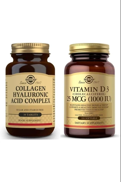 Solgar Hyaluronic Acid Collagen Complex 30 Tablet + Solgar Vitamin D3 1000ıu 100 Kapsül ürün görseli 1