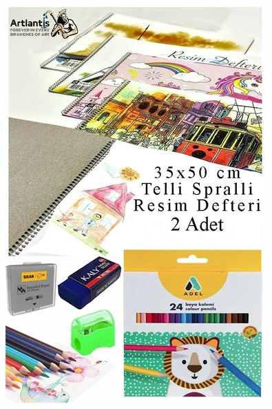 24 Renk Kuru Boya Adel 35x50 cm Telli Spralli Resim Defteri Hamur Silgi Kalemtraş 15 Yaprak Resim Defteri Kuruboya ürün görseli 1