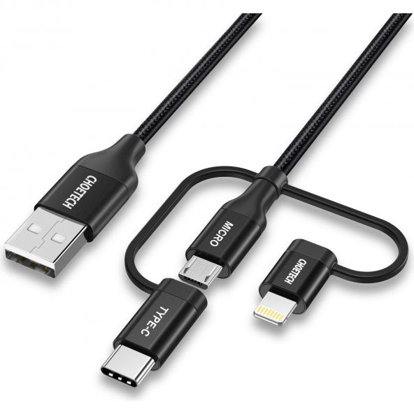 Choetech 3in1 Lightning + USB-C + Micro USB Hızlı Şarj ve Data Kablosu - Apple MFI Lisanslı - IP0030 - Siyah ürün görseli 1
