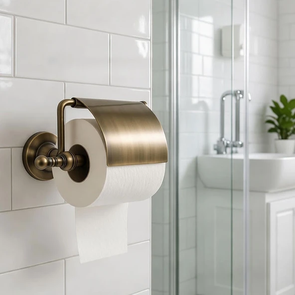 Lüx Kapaklı Antik Sarı Tuvalet Kağıtlığı Duvara Monte Dayanıklı Metal Banyo Kağıtlık Şık Tasarım ürün görseli 1