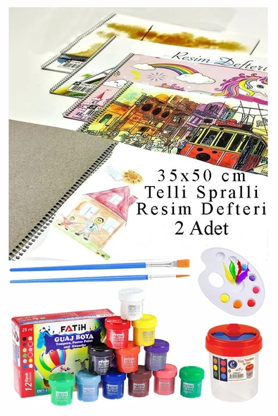 12 Renk Guaj Boya Fatih 35x50 cm Telli Spralli Resim Defteri Palet Resim Fırçası15 Yaprak Guajboya Resim Defteri ürün görseli 1