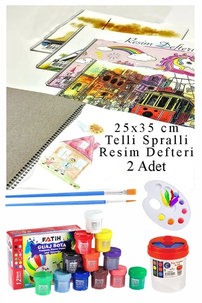 12 Renk Guaj Boya Fatih 25x35 cm Telli Spralli Resim Defteri Palet Resim Fırçası 15 Yaprak Guajboya Resim Defteri ürün görseli 1