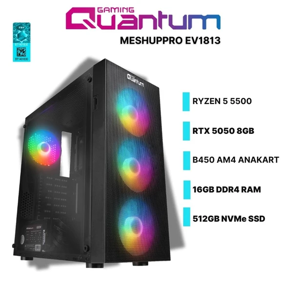 Quantum Gaming MeshUp Pro EV1813 Amd Ryzen 5 5500 16GB DDR4 512GB NVMe RTX5050 8GB Freedos Oyuncu Masaüstü Bilgisayarı ürün görseli 1