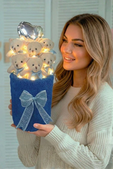 Deluxe Lacivert Peluş Silindir Kutuda, LED Işıklı Kalpli Balonlu 6’lı Lacivert Ayıcık Buketi - Sevdiğine Hediye ürün görseli 1