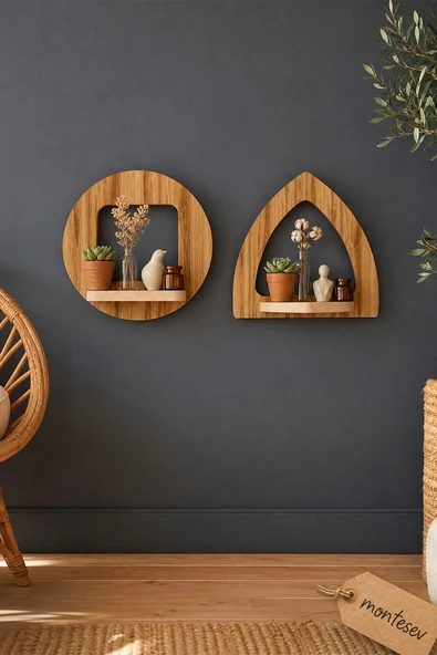 Ahşap Dekoratif Duvar Rafı 2 li Set ( MTS-214 ) ürün görseli 1